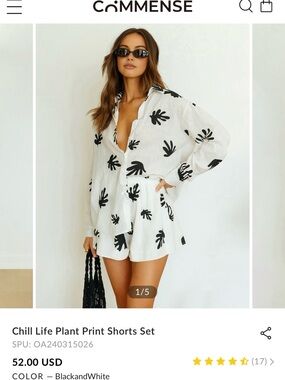 Commense XL Black and White Plant-Print Shirt & Shorts Set